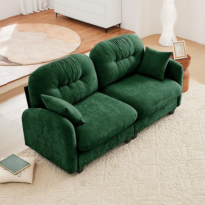 KEIKI 74" Oversized Chenille Modular Sectional Loveseat Sofa with High-Density Foam Cushions and Tufted Pleated Cushion Backrest, Upholstered 2-Seater Cloud Couch with 2 Pillow, for Living Room, Green