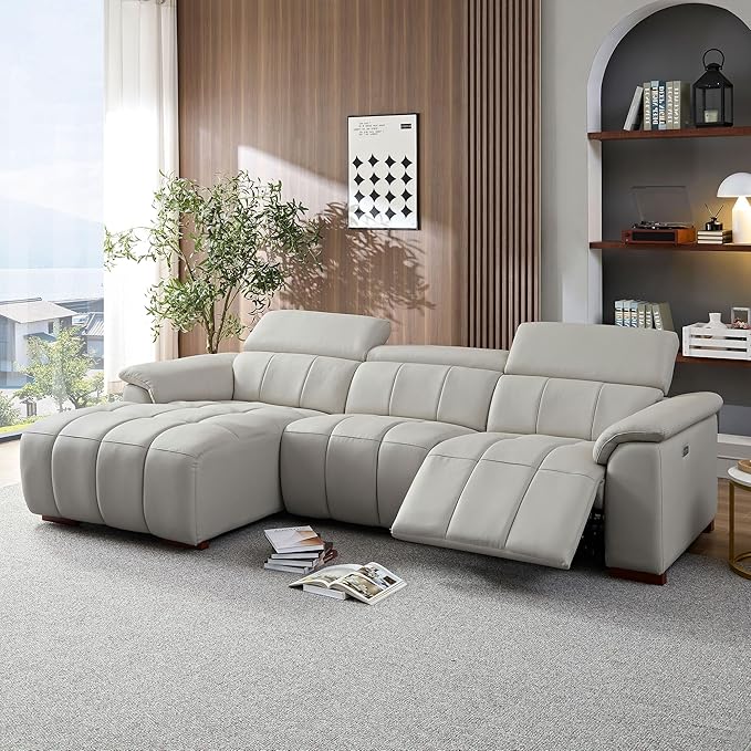 KEIKI 113" L-Shaped Genuine Leather Wall-Hugger Reclining Sofa with Left Chaise, Adjustable Backrest & Footrest, Modern Style Electric Control 3-Seater Couch with USB, for Living Room, Light Grey