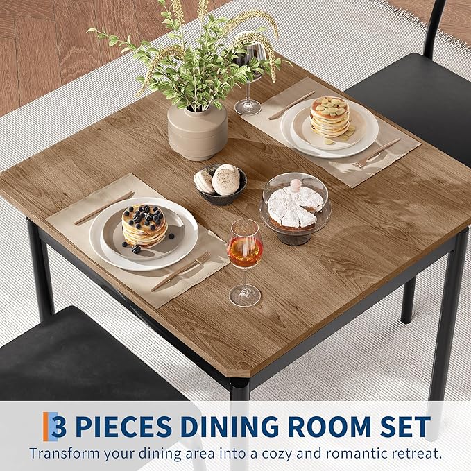 Garvee 3 Piece Dining Table Set, Kitchen Table Set for 2 with 2 PU Upholstered Chair, Industrial Metal Frame Dinette Set for Small Space, Dining Room, Apartment, Studio, Black