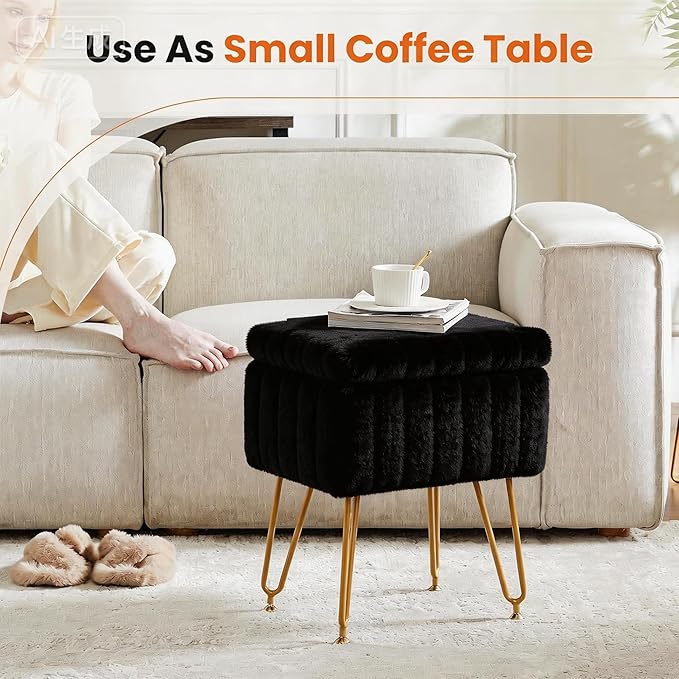 DUMOS Vanity Stool Chair, Ottoman with Storage, Makeup Cute Soft Small Footstool, Modern Style Faux Fur Seat with 4 Metal Legs & Adjustable Feet for Dressing, Living Room, Bedroom, Dorm, Black