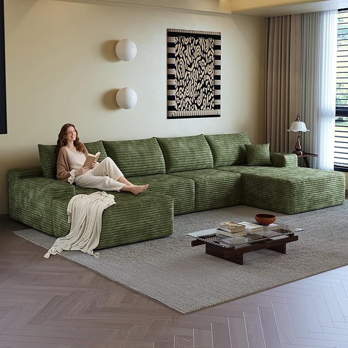 135" U Shaped Boneless Couch with Ottoman, Convertible Sleeper Compression Sofa, Corduroy Couch Sectional for Living Room Bedroom, Deep Seat Foam Cloud Sofas No Assembly, Right Facing Chaise, Green | Space-Smart Design