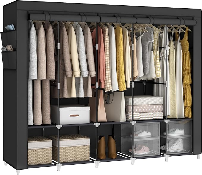 83" Extra Large Portable Closet Wardrobe, Heavy Duty Free-Standing Clothes Organizer with 10 Shelves, 5 Hanging Rods & 4 Side Pockets - Dustproof Fabric Cover, Black