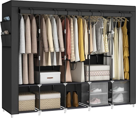 83" Extra Large Portable Closet Wardrobe, Heavy Duty Free-Standing Clothes Organizer with 10 Shelves, 5 Hanging Rods & 4 Side Pockets - Dustproof Fabric Cover, Black