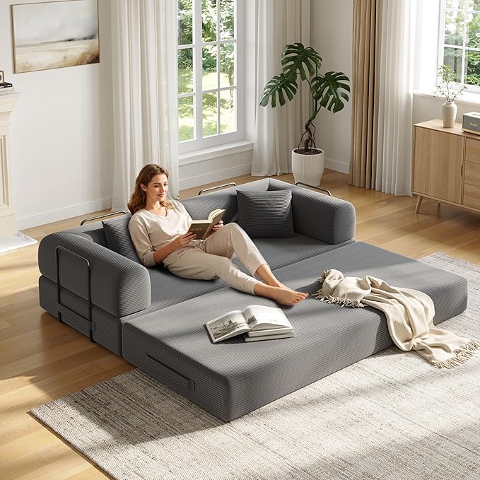 79in Convertible Sofa Bed, Corduroy Boneless Couch Bed, Futon Sleeper Sofa Pull Out Bed, Foldable Couch for Living Room Apartment, No Assembly Required