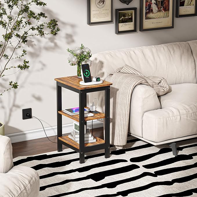 VECELO End Table with Charging Station and USB Ports, Small Wood Nightstand Modern, 24" Tall Living Room Side Table with 3-Tier Storage Shelves for Small Spaces, Office, Bedroom, Retro Brown, Set of 2