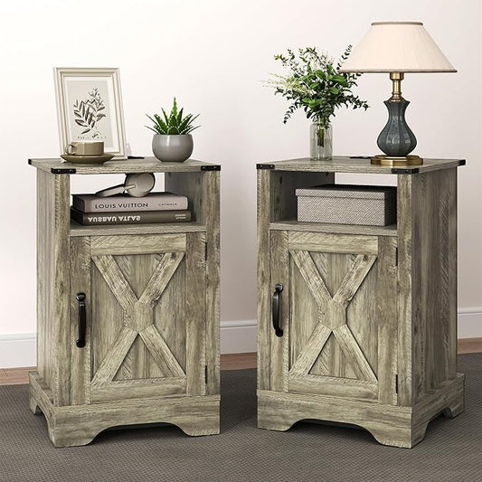 RoyalCraft Set of 1 Farmhouse Nightstand, Grey End Table with Charging Station, Tall Bedside Table with Large Storage Room and Shelf, Wooden Rustic Side Table for Bedroom, Home Office, Light Grey