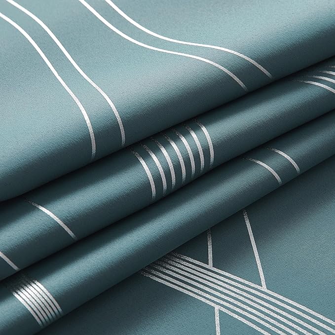 NICETOWN 100% Blackout Curtains Panels for Living Room, Greyish Blue, 52" Wide x 72" Long, 2 Panels, Sound Reducing Thermal Insulated Wave Line Foil Print Design Curtains for Patio Sliding Glass Door