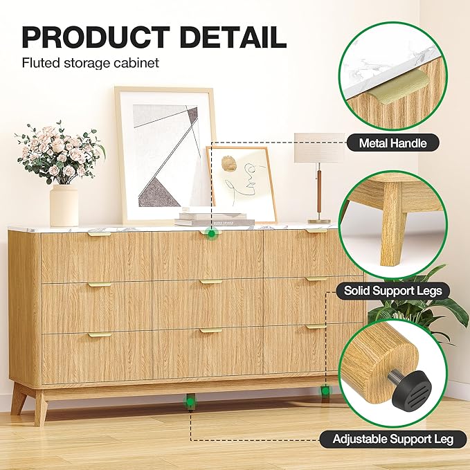 Pamapic 57" Sideboard Buffet Cabinet with Storage, Fluted Storage Cabinet with 9 Drawers, Modern Credenza with Faux Marble Top, Wood Buffet Console Table for Living Room, Hallway, Natural