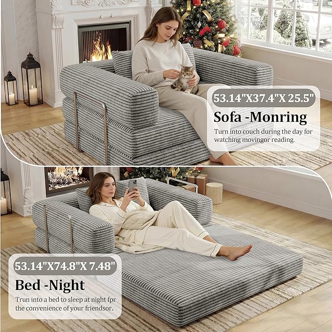 BSHOMGI 4 in 1 Futon Sofa Bed Queen Size - Foldable Convertible Sleeper Sofa Couch with L-Shaped Support, Removable Washable Floor Space Saving for Bedroom & Dorm (Light Gray, 53.15" Double Sofa)