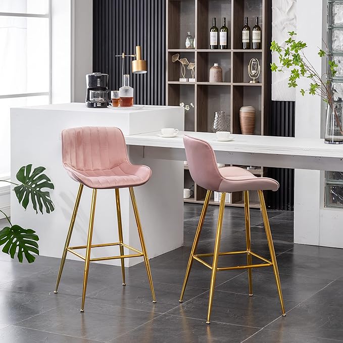 Sidanli 29 Inch Bar Stools Set of 2, Pink Barstools with Back and Gold Plated Legs, Upholstered Barstools for Bar, Living Room, Kitchen Island, Farmhouse