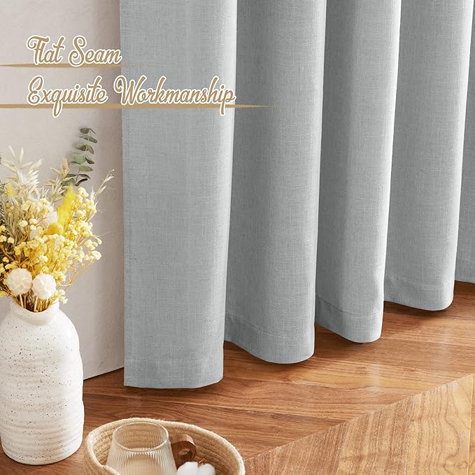 NICETOWN Linen Light Gray Curtains for Kids Room, Rod Pocket & Back Tab Top Flax Linen Weave Semi Sheer Window Treatments Privacy with Light Filtering for Living Room, W52 x L90, 2 Pieces