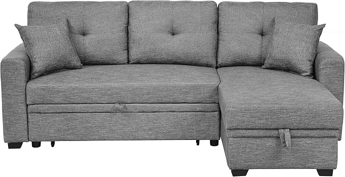 ERYE 76.5-inch Pull Out Sleeper Couch Bed, L-Shaped Reversible Sleeper Sectional Sofa Polyester Blend Tufted Upholstered Corner Convertible Sofa Bed with Storage Chaise