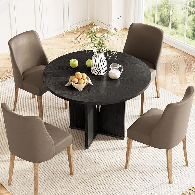 LITTLE TREE 39-Inch Dining Table for 4, Rustic Kitchen Table, Round Dining Table with X-Shaped Stable Pedestal, Farmhouse Dinner Table for Dining Room, Living Room