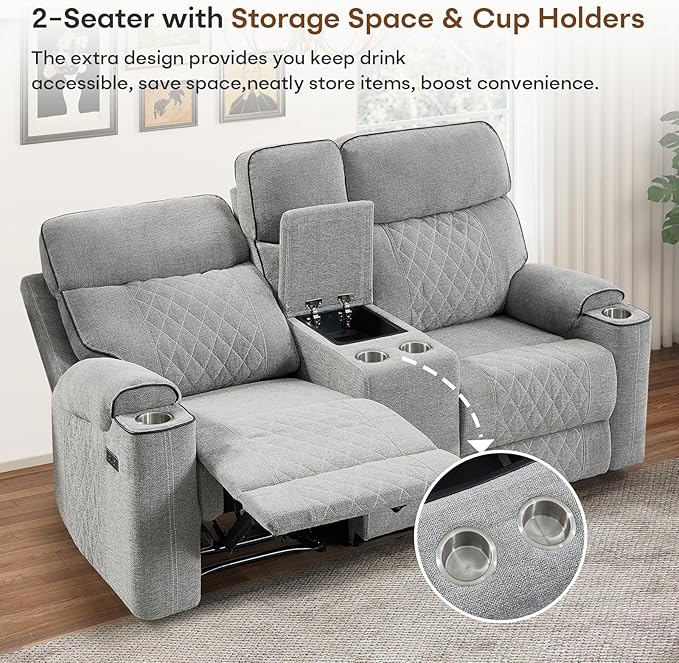 HAOMARKETS 2-Piece Power Recliner Sofa Set with Charging Port, Include Single Recliner Chair and 2-Seater Loveseat Reclining Couch with Hidden Storage and Cup Holders for Living Room, Light Grey