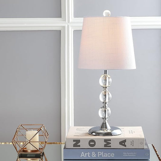 JONATHAN Y 20" Clear Crystal Mini LED Table Lamp, Chrome Modern Traditional Bedside Lamp with White Linen Drum Shade for Living Room Bedroom, UL Listed, LED Bulb Included JYL2026A