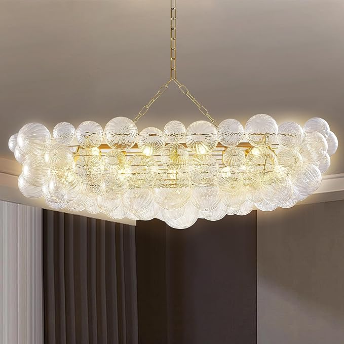 Longree Nordic Bubble Ball Swirled Glass Chandelier Long 50 inch Rectangular Island Light Fixture Gold and Clear Blown Glass Lighting for Dining Table, Living Room