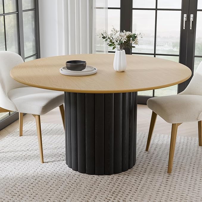 Casaphoria 52 Inch Round Wood Dining Table, Black Cylinder Base with Natural Wood Top, Two-Tone Style, Table for 6 People