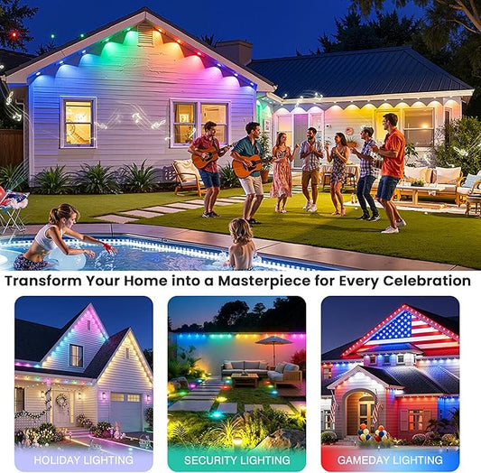50ft Permanent Outdoor Lights with 30 Bright LEDs, 120° Wide Beam RGBIC Smart Eave Lights, 16 Million Colors & Music Sync, IP67 Waterproof Year-Round Architectural Lighting for House Decor