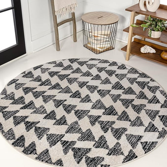 JONATHAN Y Aisha Moroccan Triangle Geometric Cream/Black 7' Round Indoor Area Rug, Contemporary, Modern, Easy-Cleaning for Living Room, Bedroom, Kitchen, Pet Friendly, Non-Shedding (MOH206A-7R)