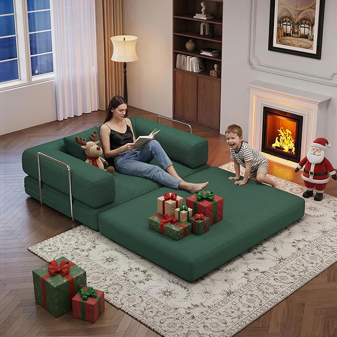 BSHOMGI Folding Sofa Bed Convertible Corduroy Couch Queen Size Floor Sleeper 4-in-1 DIY Combination Modular Lazy Sofas Fold Futon Lounge for Living Room (Green, 53.15" Double Sofa)
