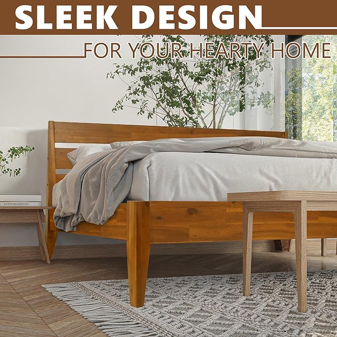 Acacia Emery Bed Frame with Headboard Solid Wood Platform Bed, King Size Bed Frame, Mid - Century Modern Wood Bed Compatible with All Mattresses, Easy Assembly, Non-Slip (Caramel, Queen)