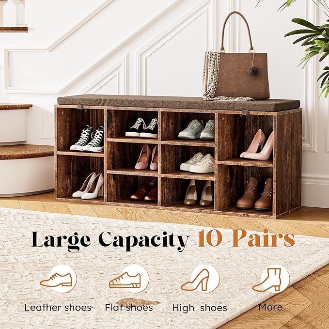 Shoe Bench, Storage Bench with Padded Seat, 10 Cubbies Storage Entryway Bench, for Living Room, Bedroom, Hallway,Brown