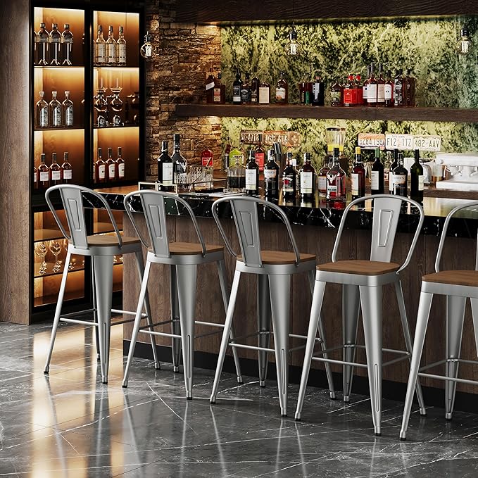 Andeworld Metal Bar Stools Set of 4, 26 inch Counter Height Barstools with Backs Farmhouse Modern High Back Bar Stools with Larger Seat Kitchen Dining Bar Chairs,Silver