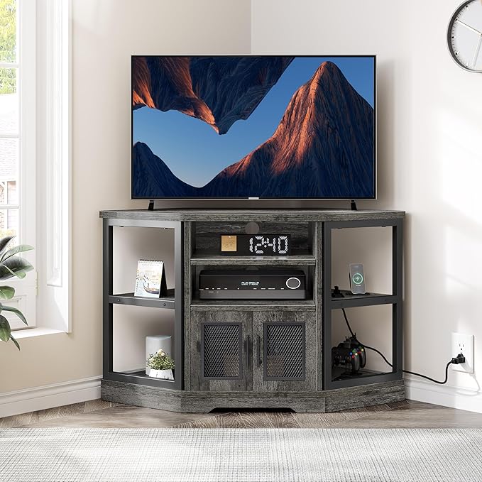 YITAHOME Farmhouse TV Stand with Power Outlet, Corner TV Stand for 50 Inch TV, Entertainment Center with Storage, TV Console Cabinet for Living Room, Grey Oak