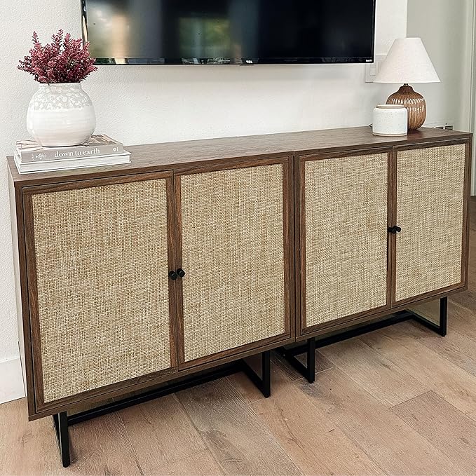 Nathan James Kova Bohemian Rattan Sideboard or TV Stand, Wooden Storage Cabinet with Doors, Walnut Sideboard Buffet or Rattan Accent Storage Cabinet with Matte Black Legs, Set of 2