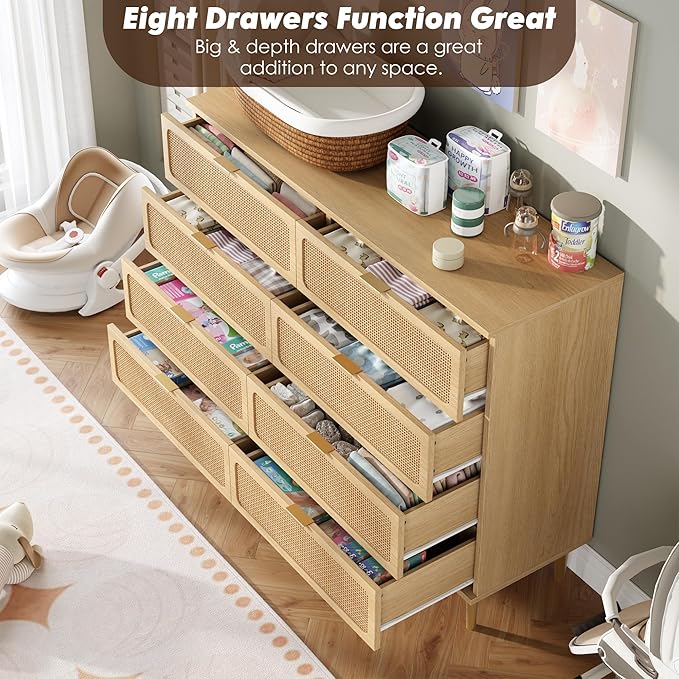 GarveeHome Rattan 8 Drawer Dressers for Bedroom, Tall Dresser with Deep Drawers, Large Chest of Drawers for Closet with Wide Top, Long Wooden Dresser for Living Room, Hallway, Kids Room, Natural