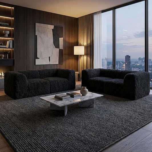Furniture of America Havyn Modern Faux Fur 5-Seater Modular Sofa and Foam Loveseat Set with Arms & Deep Seat, Compressed Couch in a Box, No Assembly Required, for Living Room and Office, Black
