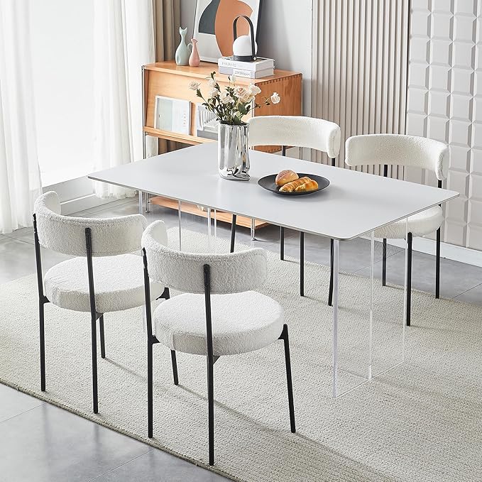 Honyee White Dining Chairs, Modern Dining Chairs Set of 2, Teddy Fleece Round Cushion Dining Room Chairs, Curved Backrest Dining Chairs with Black Metal Legs (White, 2Pcs)