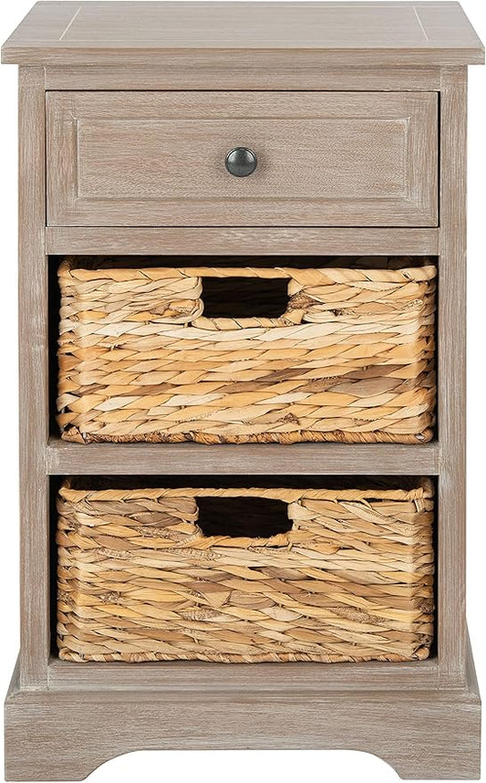 SAFAVIEH Home Collection Carrie White Wash/ Natural Wicker 3-Drawer Storage Nightstand Side Table (Fully Assembled)