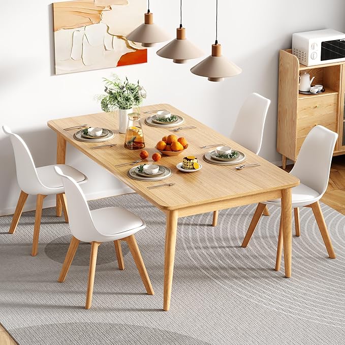 VECELO Dining Chairs Set of 4, Mid-Century Modern Kitchen & Dining Room Chairs, PU Leather Upholstered Seat, Solid Wood Legs, Armless, Non-Slip Feet, White