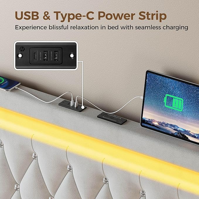 Rolanstar Twin Bed Frame with LED Light and Charging Station, Upholstered High Headboard and Footboard, Wood Slats, Noise Free, Easy Assembly, Beige