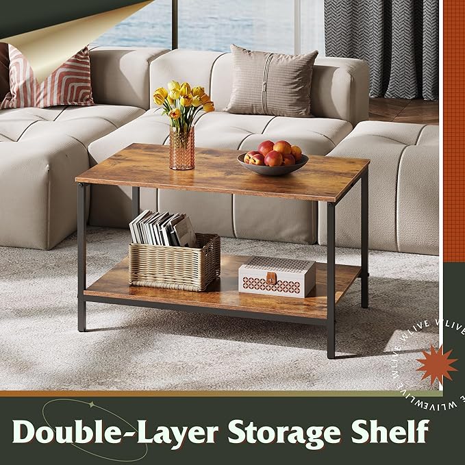 WLIVE Small Coffee Table for Living Room, 31.3" Modern Industrial Coffee Table with Storage Shelf & Metal Frame, 2-Tier Wood Center Table for Small Spaces Apartment, Home, Charcoal Black