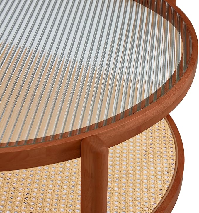 Tempered Glass Round Coffee Table, Farmhouse Circle Coffee Table with Rattan Woven Shelf for Storage, Solid Wood Circular Center Table for Living Room