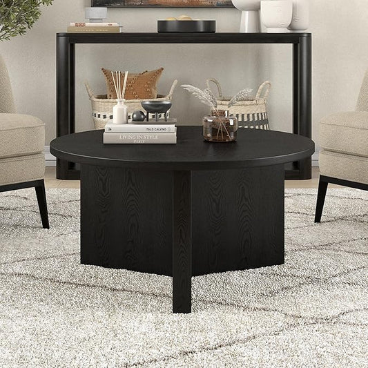 Henn&Hart 32" Round Wood Pedestal Coffee Table for Living Room, Family Room, Office, or Apartment, Natural Black