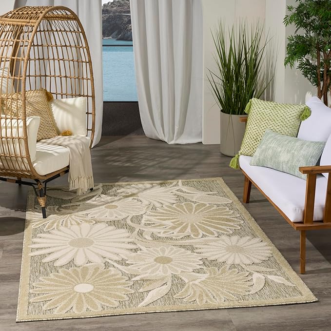 Nourison Home Aloha Ivory Sage 3'6" x 5'6" Area Rug - Easy Clean, Non Shedding, Bed Room, Living Room, Dining Room, Kitchen (4' x 6')
