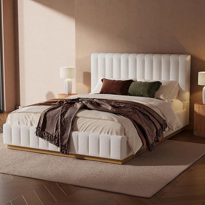 Merax Queen Bed Frame Upholstered Platform Bed with Linen Headboard, Wing Edge Design/Non-Slip and Noise-Free/Wooden Slats Support/No Box Spring Needed/Easy Assembly,King