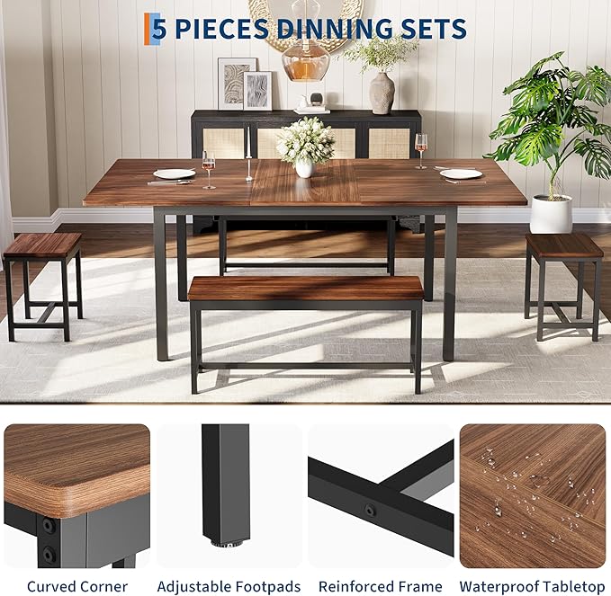 GarveeHome 5-Piece Dining Table Set for 4-8 People, 63 in Large Extendable Kitchen Table Set with 2 Benches and 2 Square Stools, Modern Dining Room Furniture Sets, Easy Assembly, Espresso