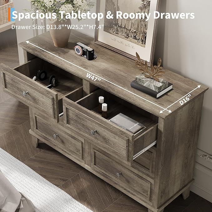 IDEALHOUSE 6 Drawer Dresser, Wooden Storage Chest of Drawers with Exquisite Metal Handles, Large Wide Dresser TV Stand, Modern Drawer Organizer for Bedroom, Living Room, Hallway, Entryway, Grey
