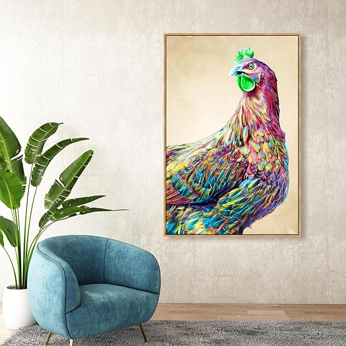 Country Farmhouse Canvas Print Painting Animal Wall Art 'Fun Colorful Glam Rooster' Gold Framed Canvas Rustic Home Décor 36x54 in Pink, Green by Oliver Gal