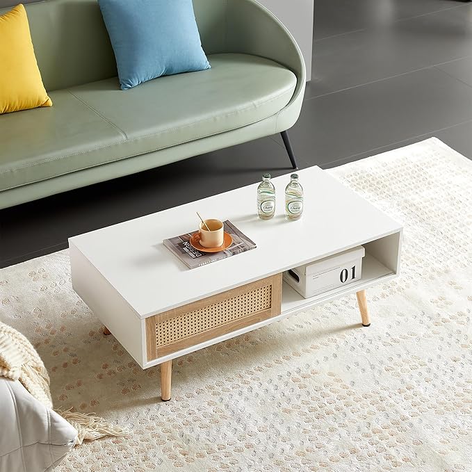 Ball & Cast 41.34“ Rattan Coffee Table with Storage, Wooden Center Table with Sliding Door and Solid Wood Legs, Morden Accent End Table Living Room Coffee Table,White