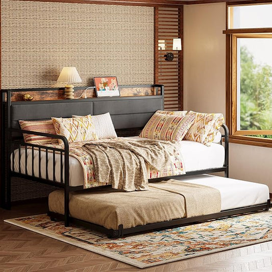 LIKIMIO Daybed with Trundle, Sturdy Metal Twin Bed Frame with Upholstered Headboard and Charging Station for Living Room, Bedroom and Guest Room, Black