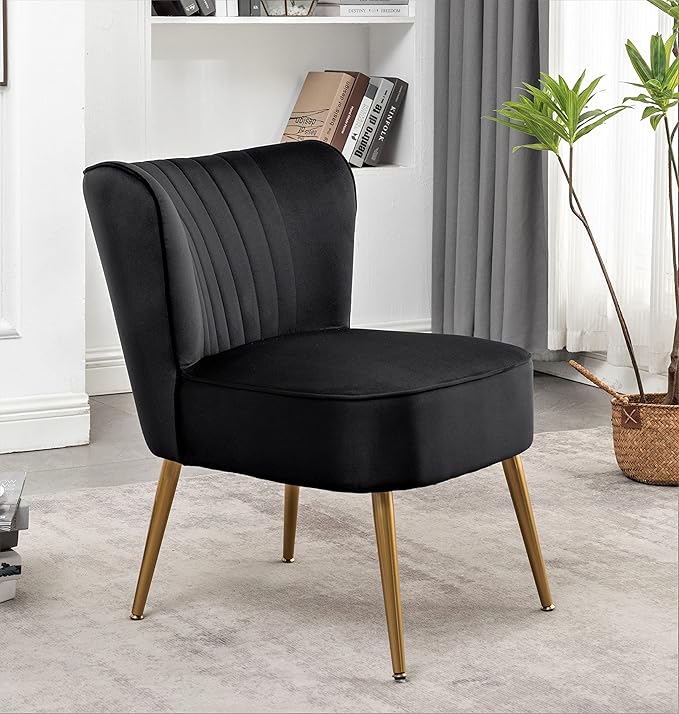 Modern Velvet Accent Chair for Living Room, Bedroom, or Entryway, Stylish and Comfortable Armless Design with Metal Legs, Black