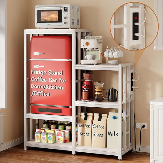 Mini Fridge Stand Coffee Bar Cabinet Station With Small Refrigerator Insert Storage Space, Shelf Organizer For Dorm Microwave To Sit, White Baker Rack With Power Outlet, Big Table To Go Over Fridge