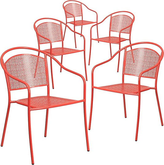Flash Furniture Oia Commercial Grade 5 Pack Coral Indoor-Outdoor Steel Patio Arm Chair with Round Back