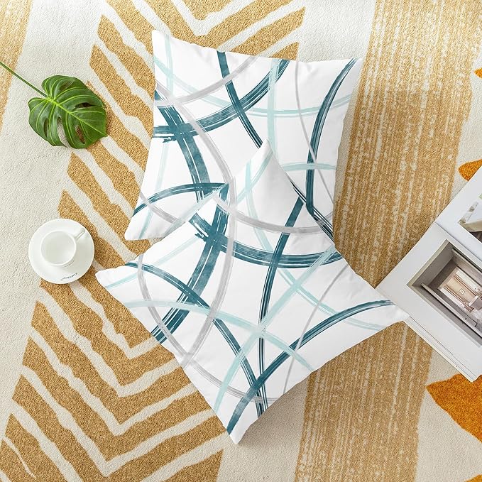 CaliTime Throw Pillow Cases Pack of 2 Cozy Fleece Arc-Shaped Abstract Geometric Lines Decorative Cushion Covers for Couch Bed Sofa Farmhouse Decoration 20 X 20 Inches Teal Turquoise Grey