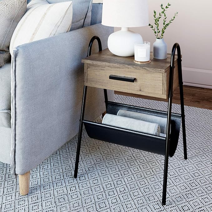 Nathan James 32502 Hugo Wood Nightstand, Rustic Accent End or Side Table with Drawer, Durable Black Metal Frame & Leather Hammock, Gray/Black